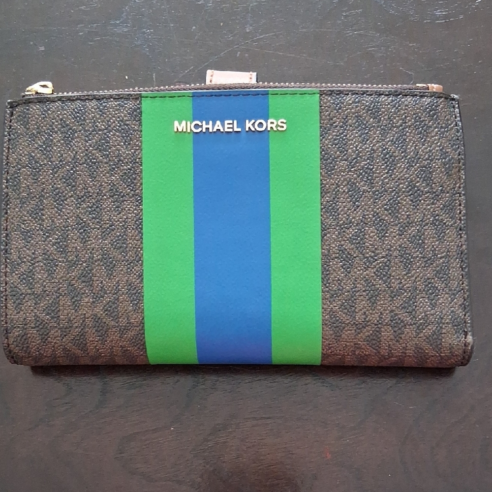 Medium Michael Kors Brown MK Logo Zip Wallet with Blue and Green Center Stripe
